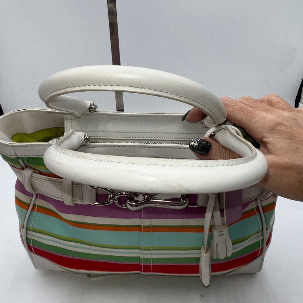 Coach Hampton Multicolor Canvas White Leather Trim Stripes Satchel Tote Bag - Picture 9 of 14